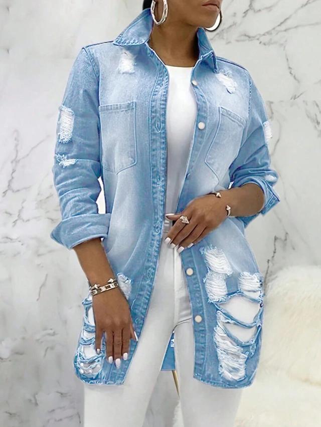 distressed light wash denim shirt jacket