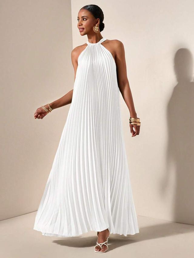 elegant white sleeveless pleated halterneck maxi dress
