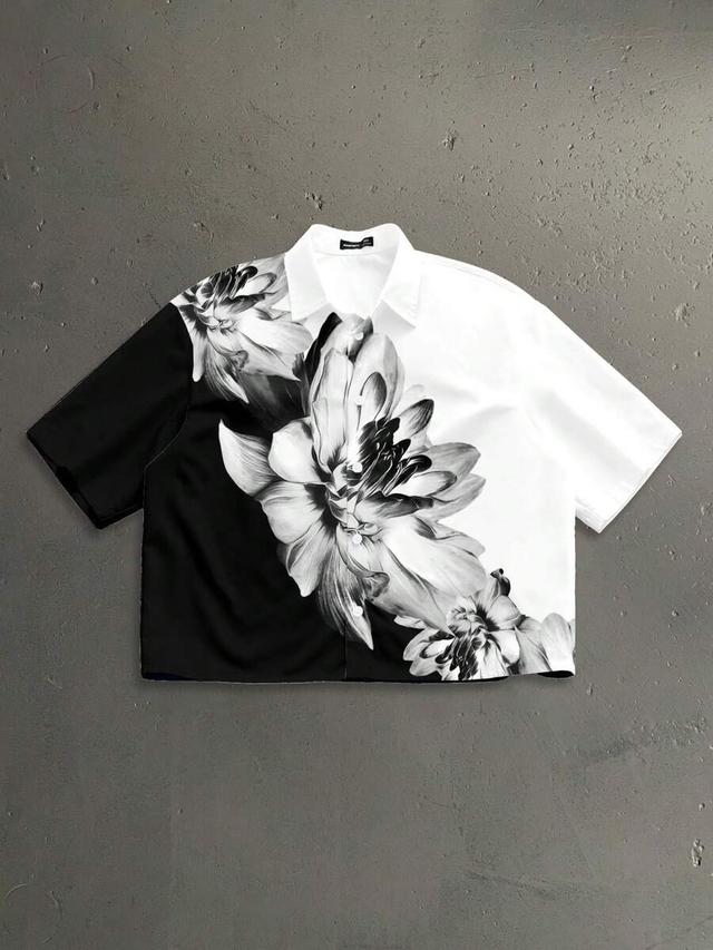 chinese style ink lotus floral print short sleeve shirt