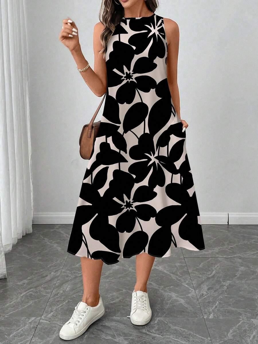 black and white floral print sleeveless midi dress