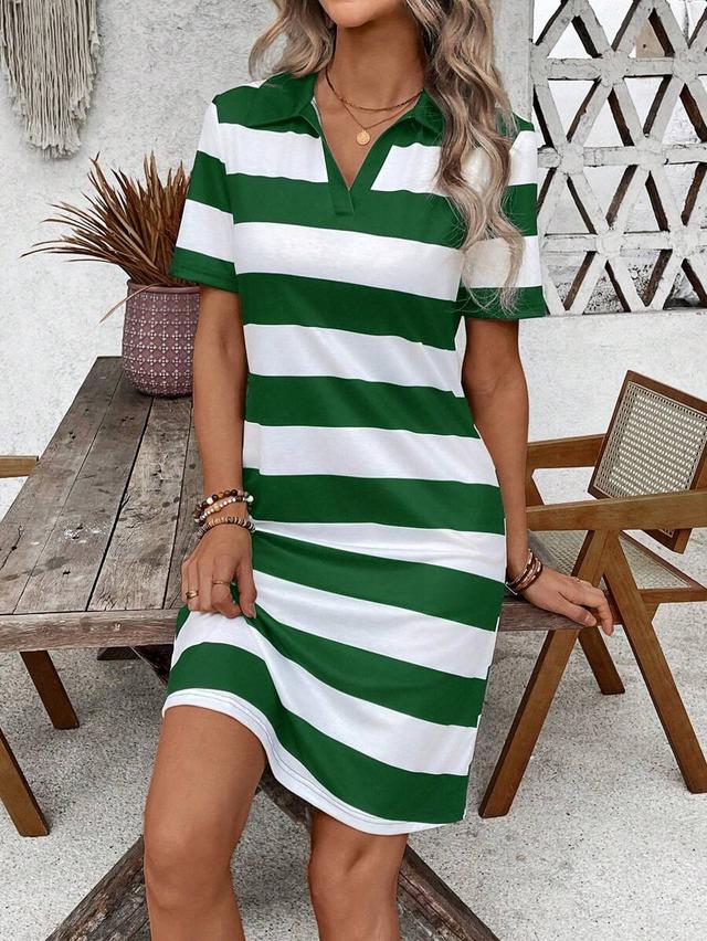 green and white striped polo collar shift dress