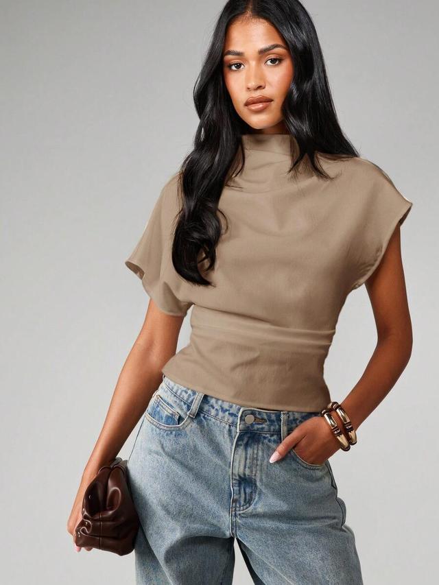 mock neck short sleeve fitted top with banded waist