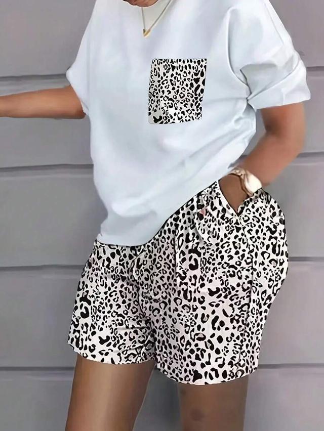 white leopard print pocket short sleeve top
