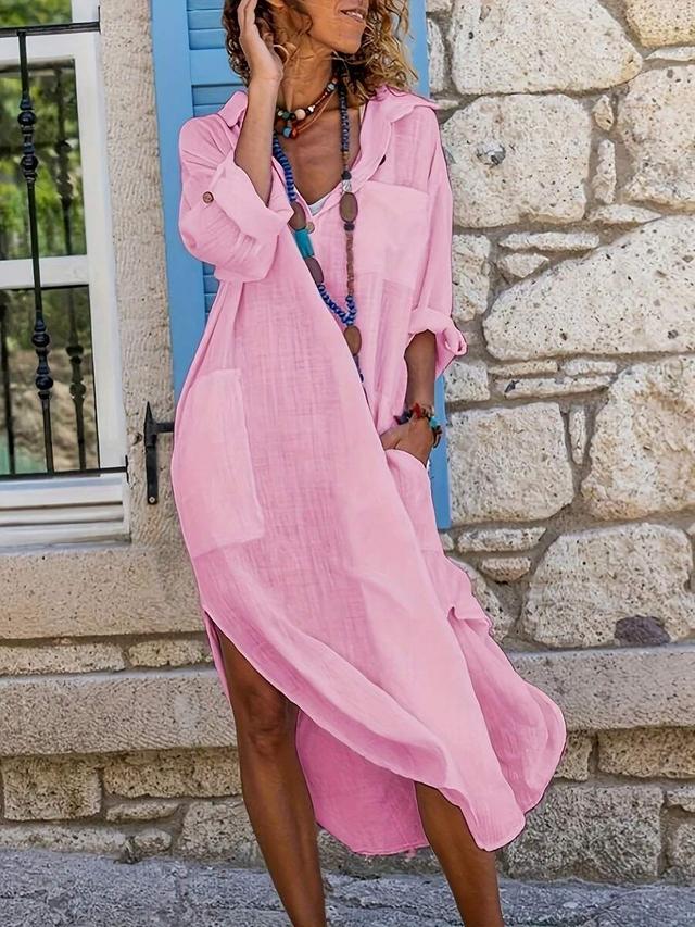 solid pink woven button front long sleeve casual dress