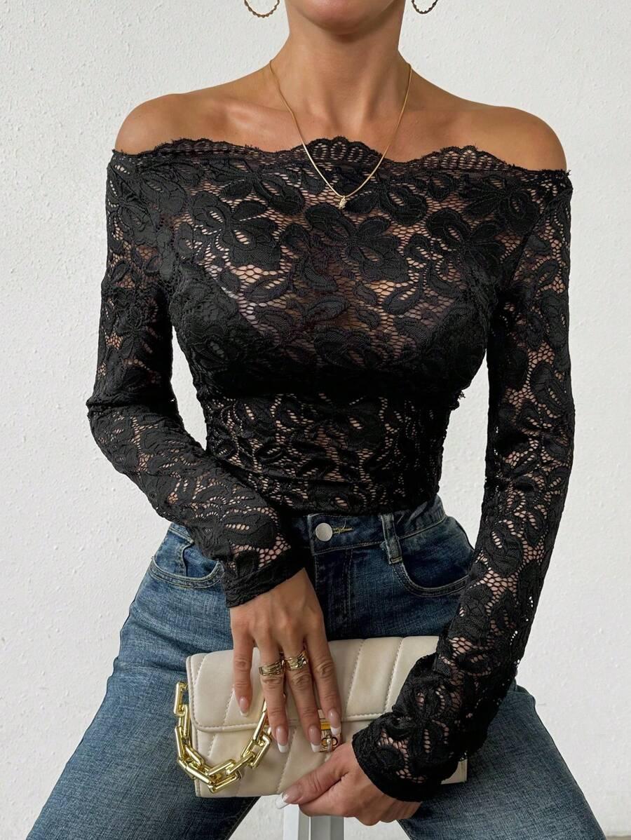 black floral lace off shoulder long sleeve top