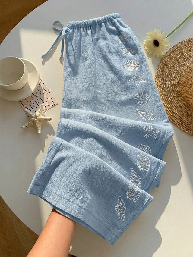 blue starfish and shell print drawstring wide leg pants