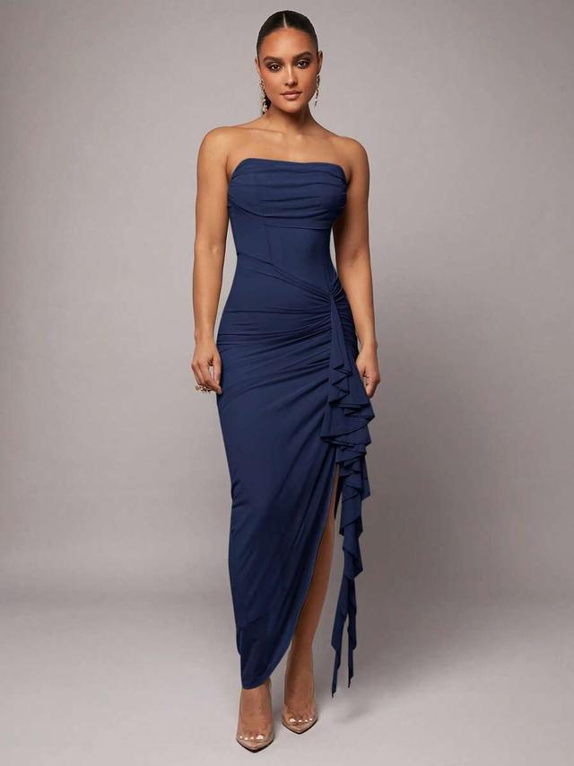 navy blue strapless ruched bodycon dress with ruffled slit