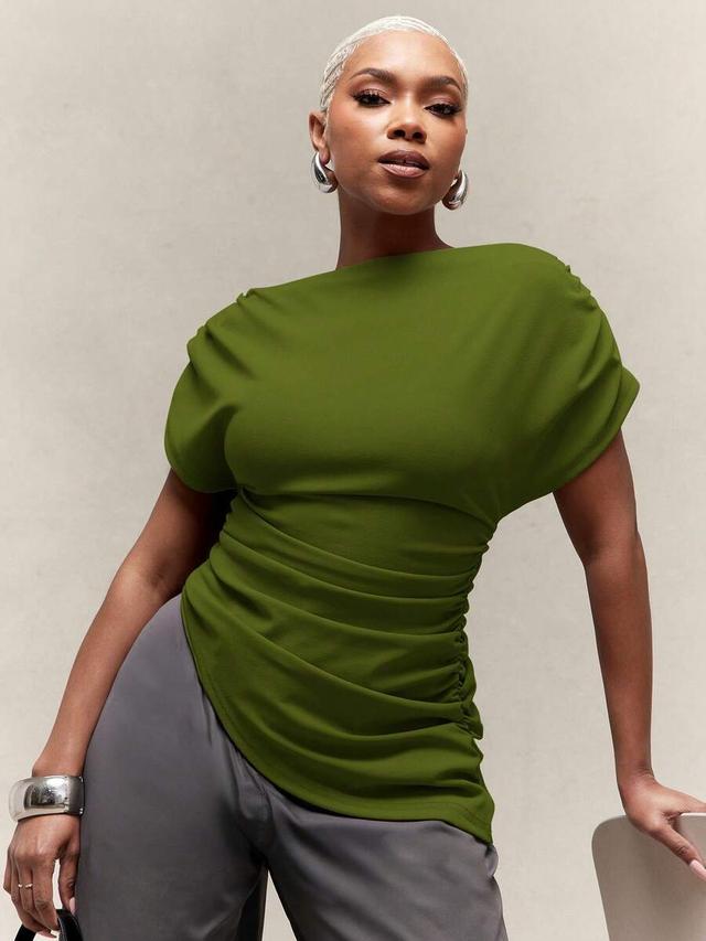 vixey olive off shoulder asymmetrical hem short sleeve top