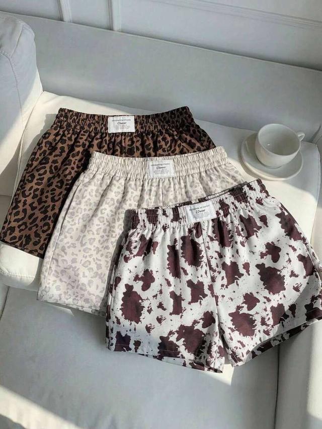 brown cow print leopard and cow print casual elastic waist shorts
