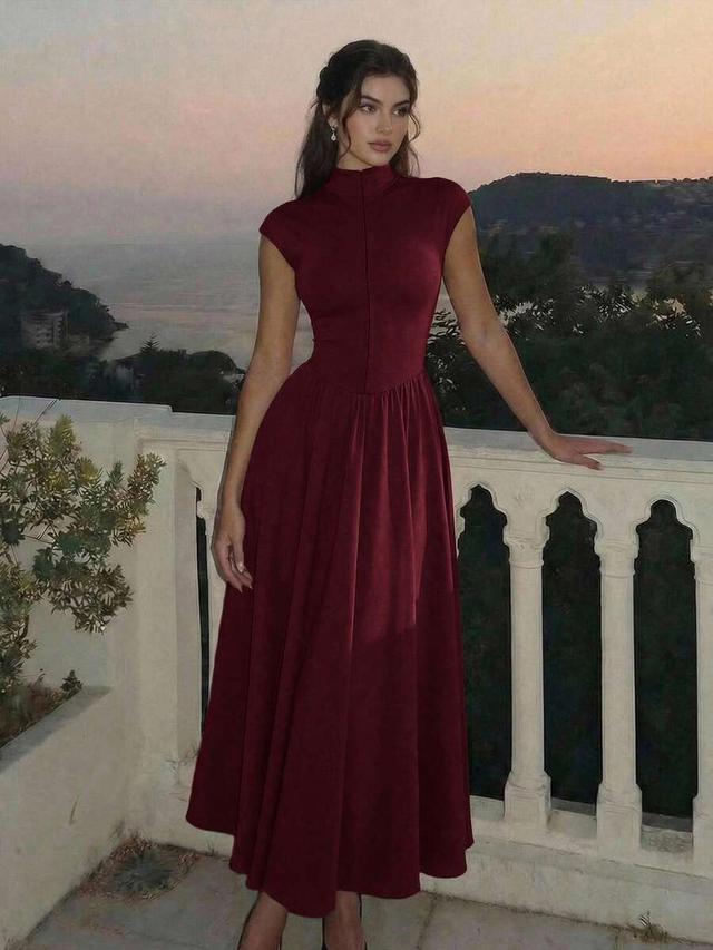 burgundy high neck long knit party dress