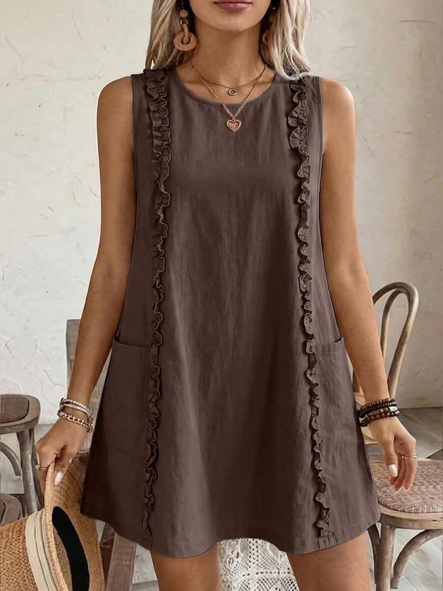 brown sleeveless cotton shift dress with ruffle trim