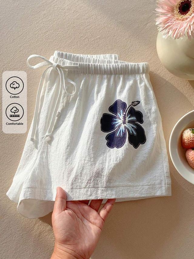 white cotton linen floral print drawstring casual shorts