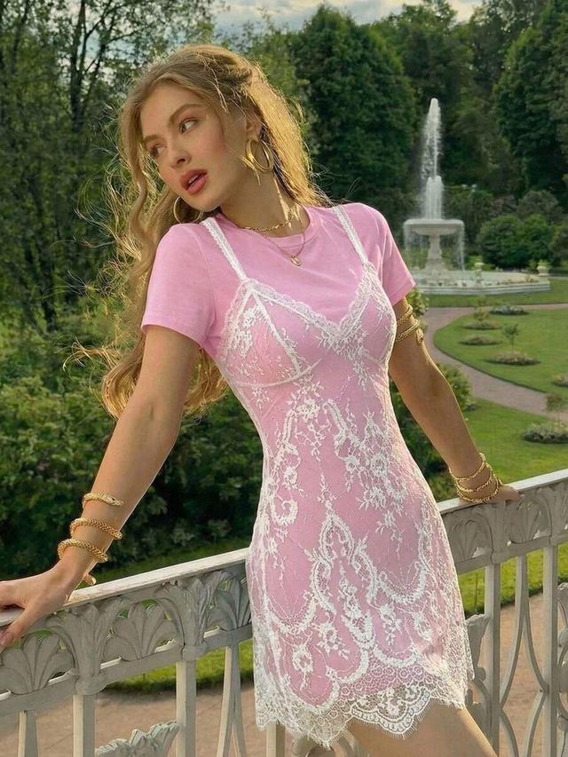 pink lace overlay mini dress with white trim