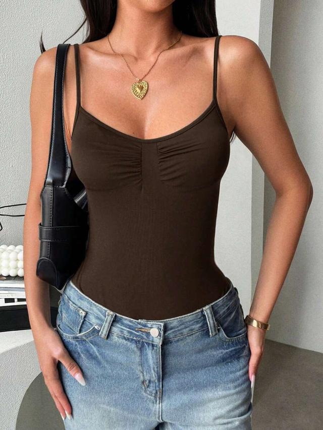 y2k brown camisole bodysuit with ruched detail