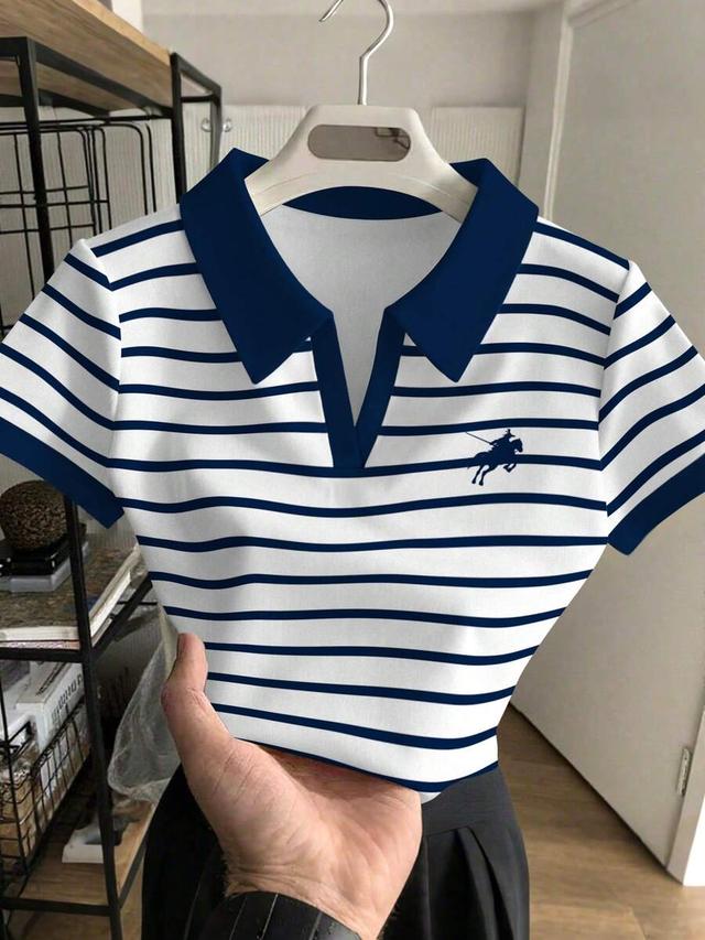 rovax women's short polo shirt with striped equestrian print