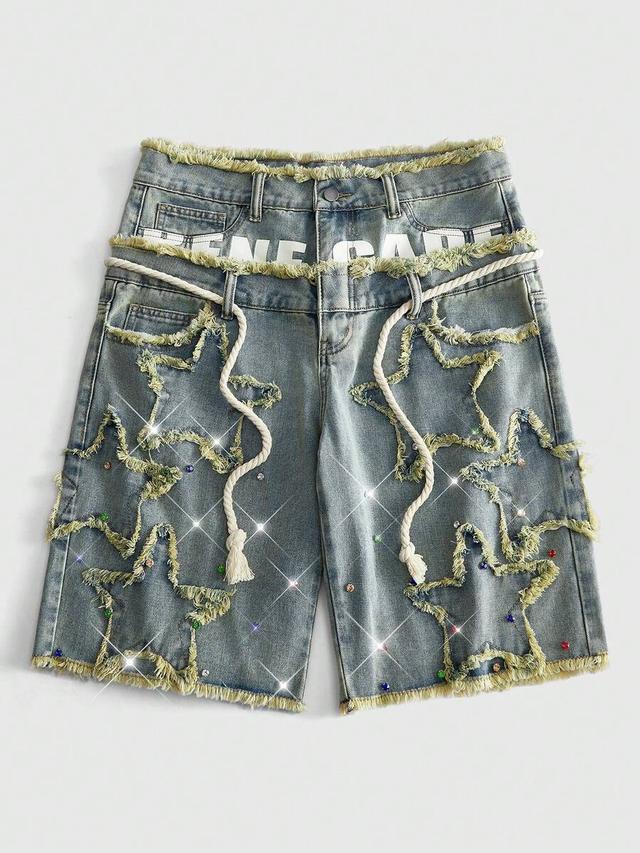 loose fit denim shorts with star appliques and rhinestones
