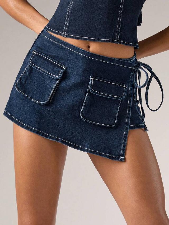 dark wash denim tie-up cargo shorts
