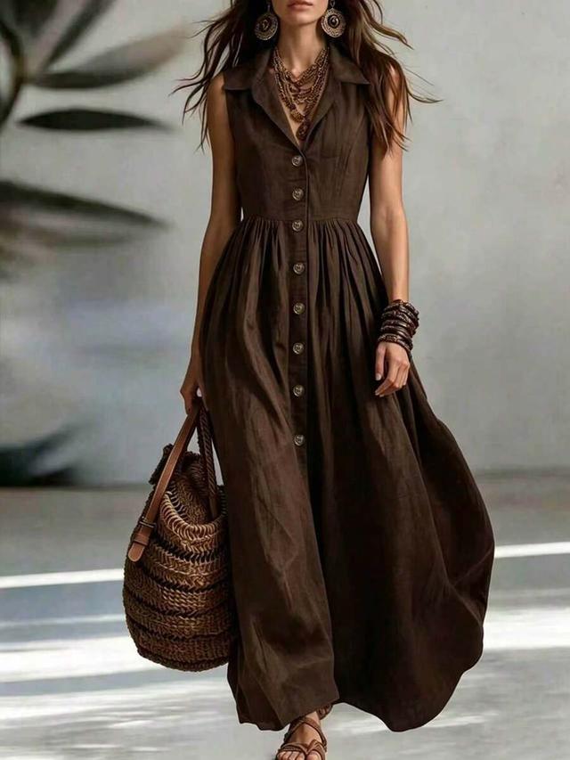 solid brown sleeveless button-front linen midi dress