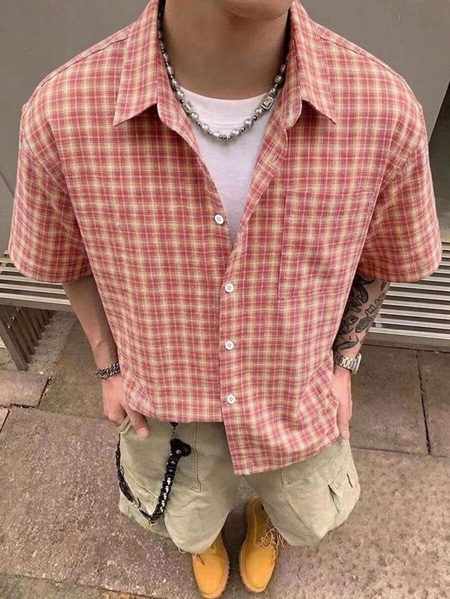 men's red plaid short sleeve casual shirt