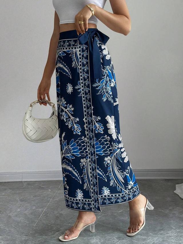 navy blue floral print tie waist wrap skirt