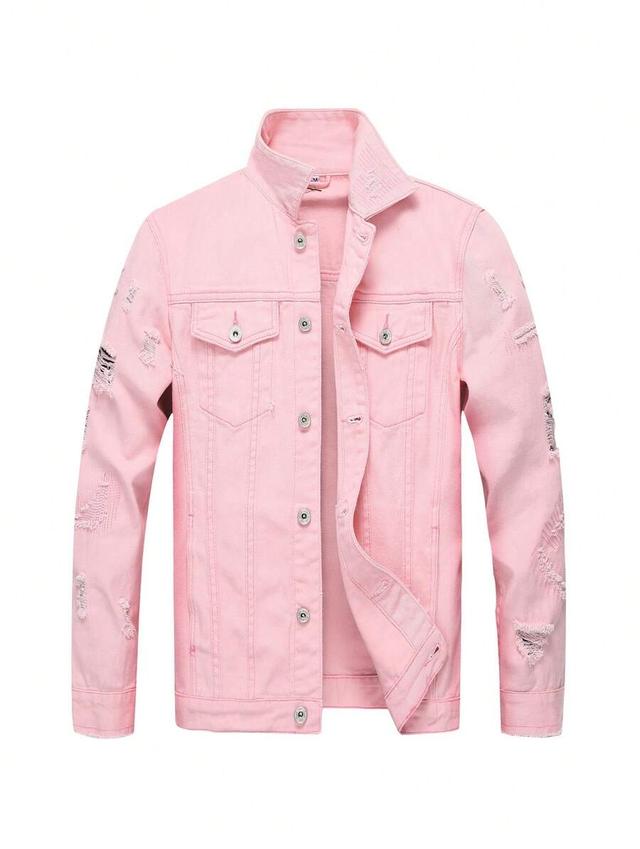 pink slim-fit distressed denim work jacket