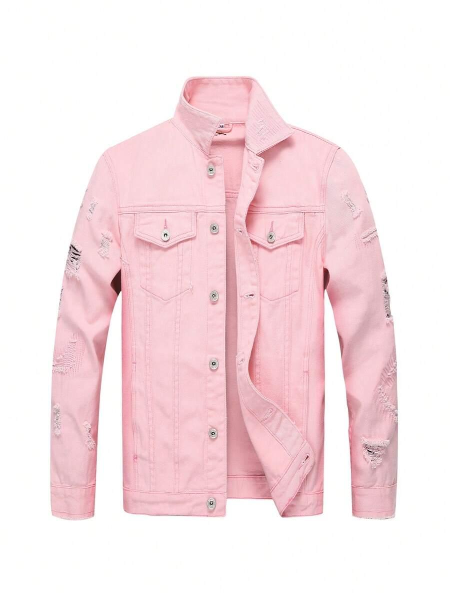pink slim-fit distressed denim work jacket