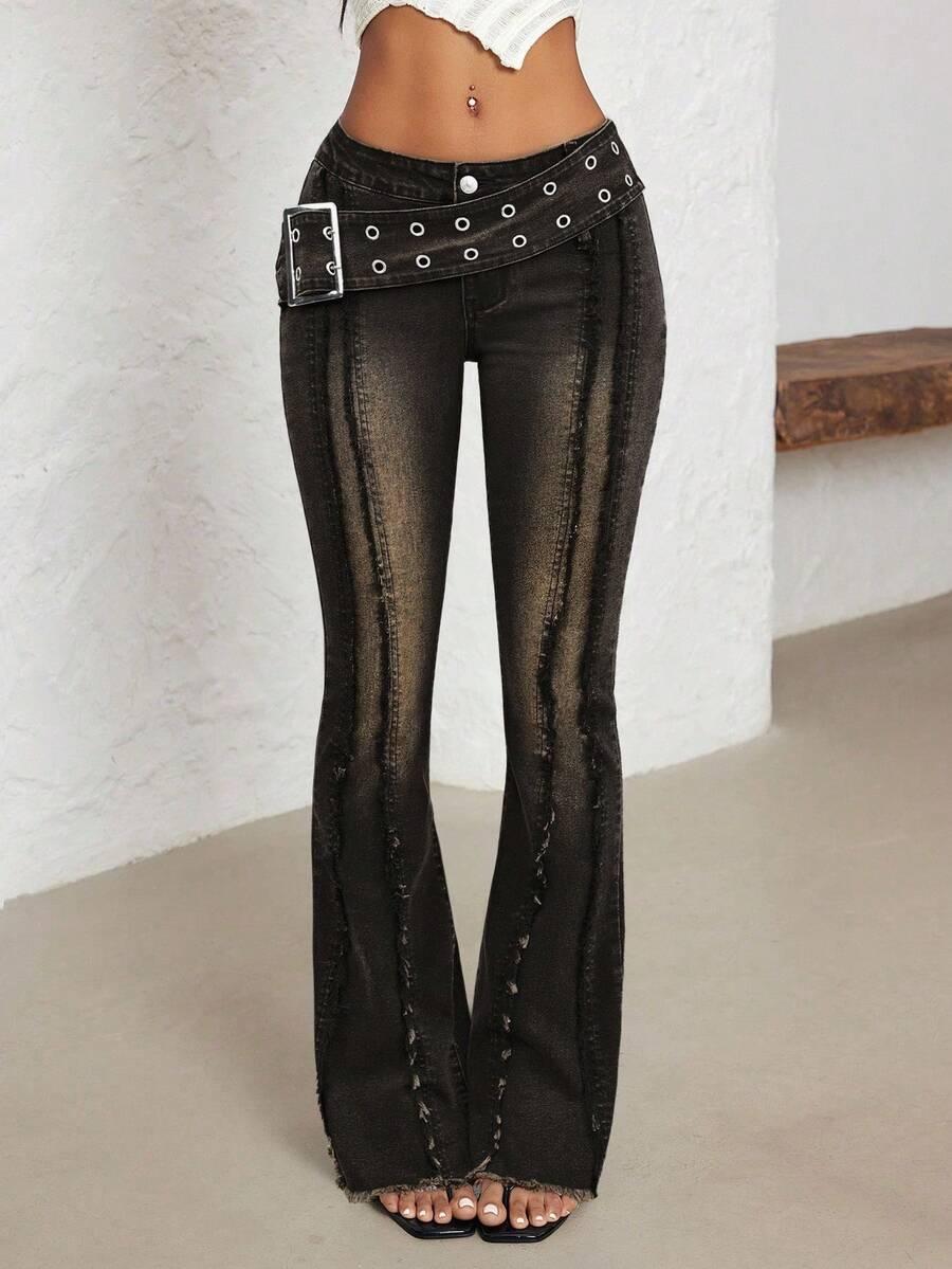 low waist black denim flare jeans with eyelet belt