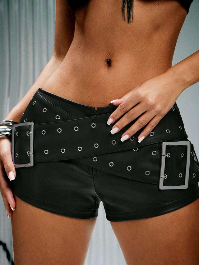 black faux leather belted micro mini shorts