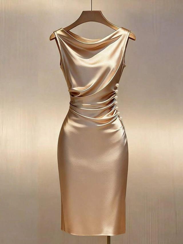 gold satin cowl neck sheath dress with pearl accents
