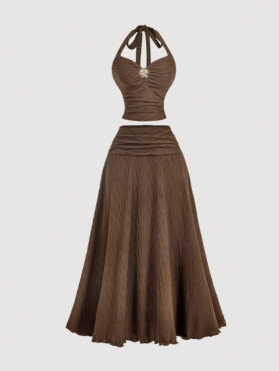 brown jacquard halter top and midi skirt set