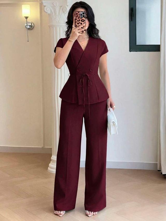 burgundy cap sleeve cinched waist tailored trousers