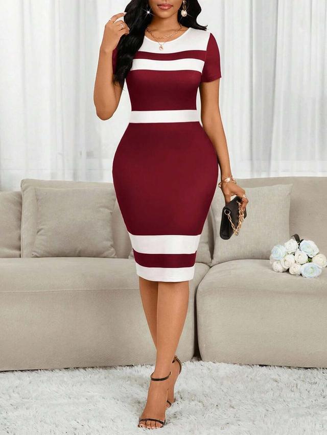 wine red and white striped short sleeve sheath dress