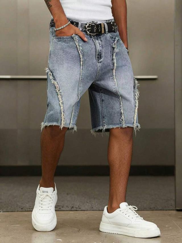 men's street fashion frayed patchwork retro denim capri shorts