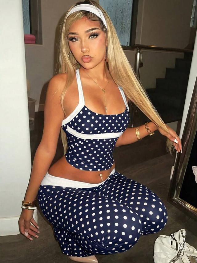 y2k polka dot halter top and flared pants set