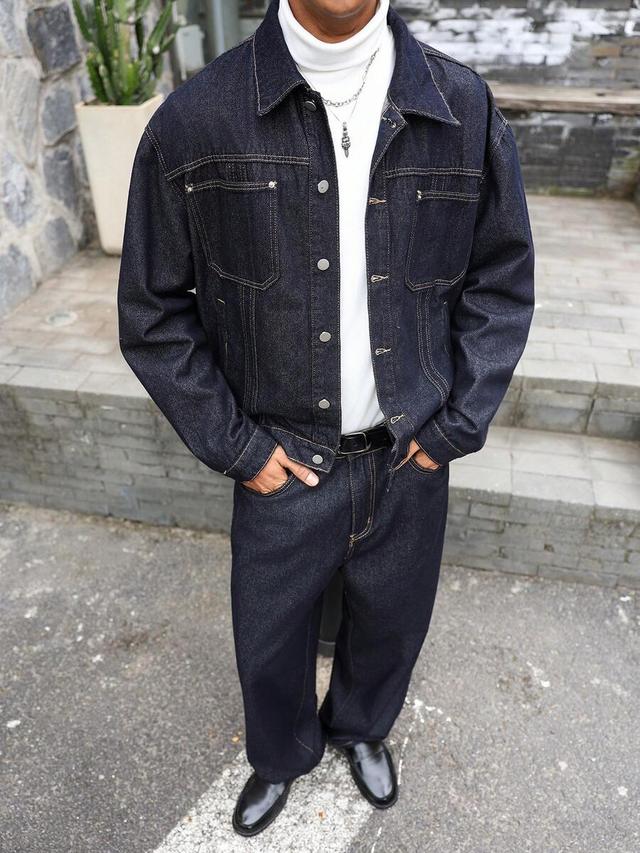 dark blue denim casual jacket and loose fit pants