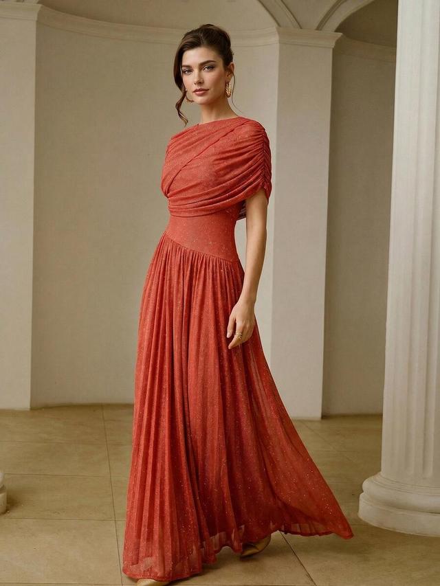 zeylah solid color pleated elegant waist-defining long party dress
