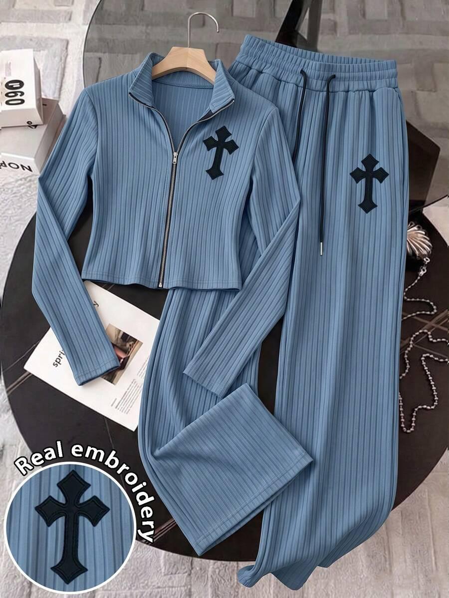 resyla women's cross embroidery zipper front casual set