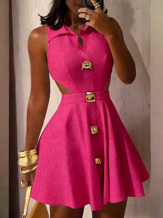 fuchsia pink sleeveless lapel a-line dress with metal buckles