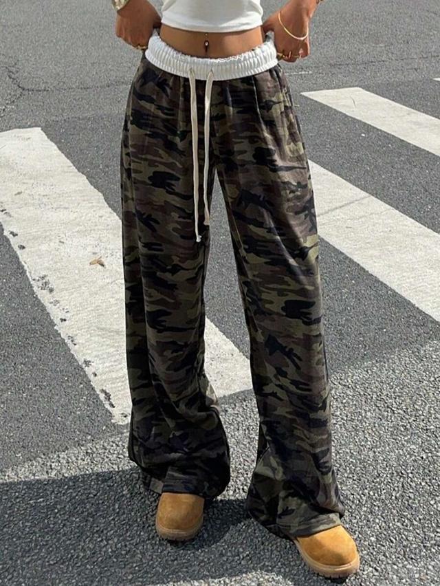camo print knit wide leg casual pants