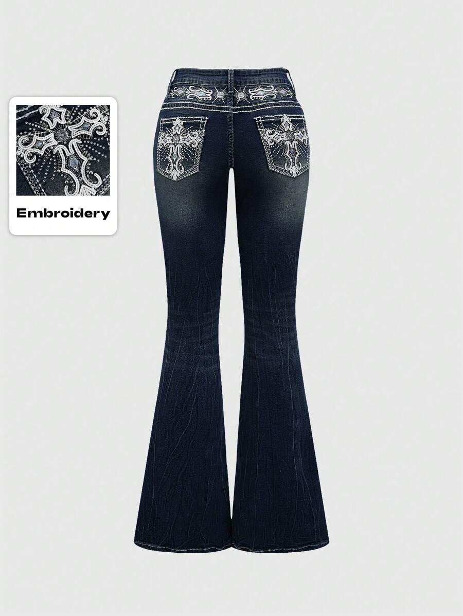 dark wash embroidered cross flare denim jeans