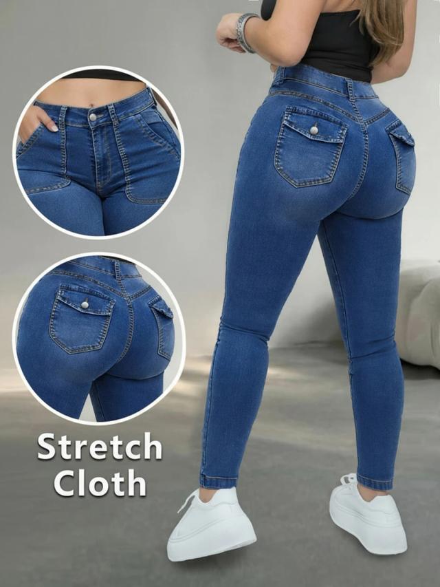blue stretch denim skinny jeans with flap pockets