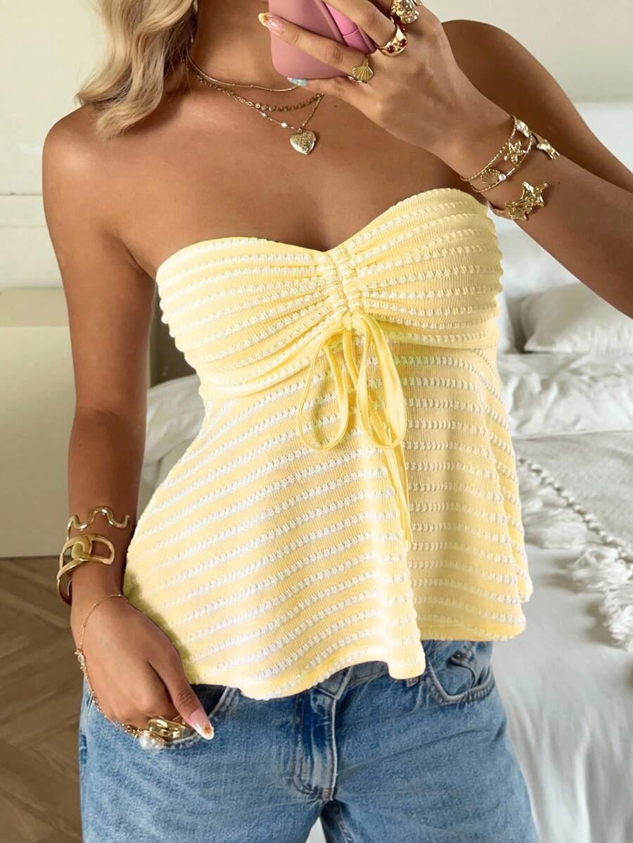 yellow striped strapless knitted tube top with ruched front