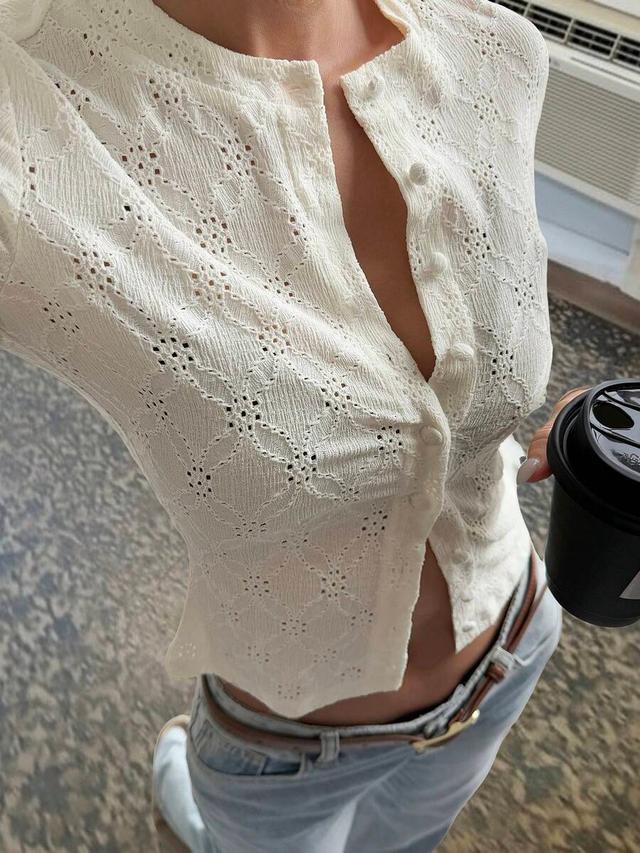 textured hollow jacquard floral long sleeve cardigan top