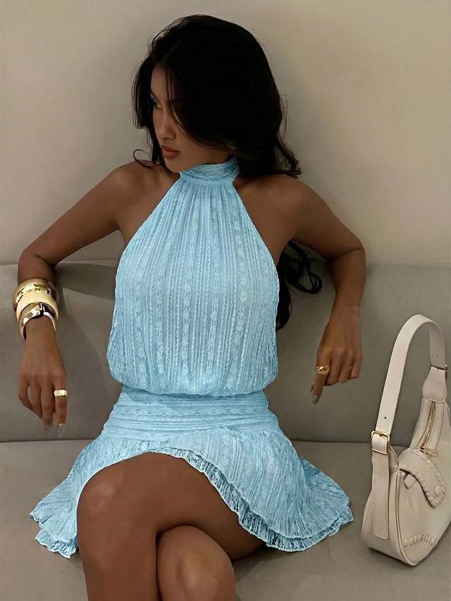 light blue lace halter tie waist cake dress