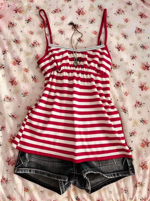 red and white striped camisole top with denim shorts