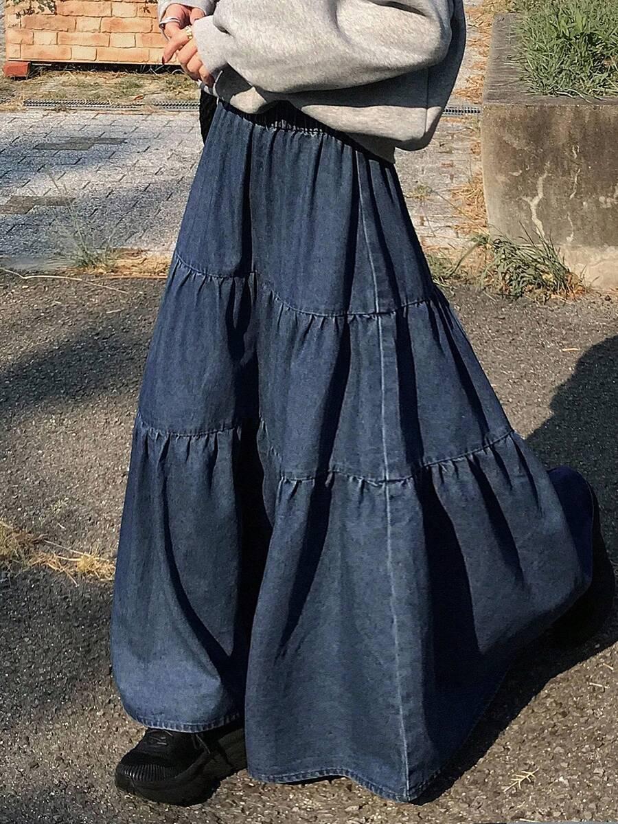 casual tiered dark wash denim maxi skirt