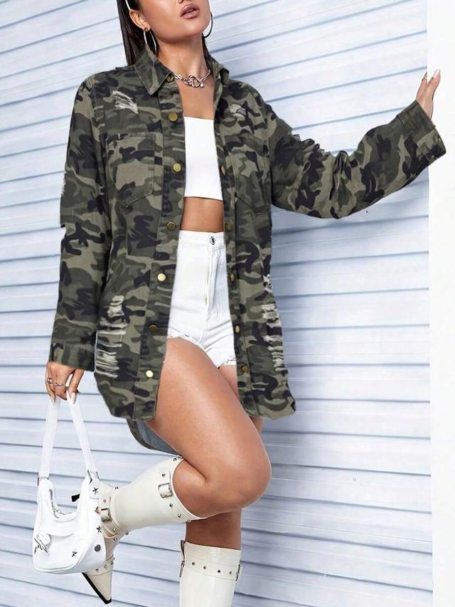 womens vintage distressed camo print denim jacket