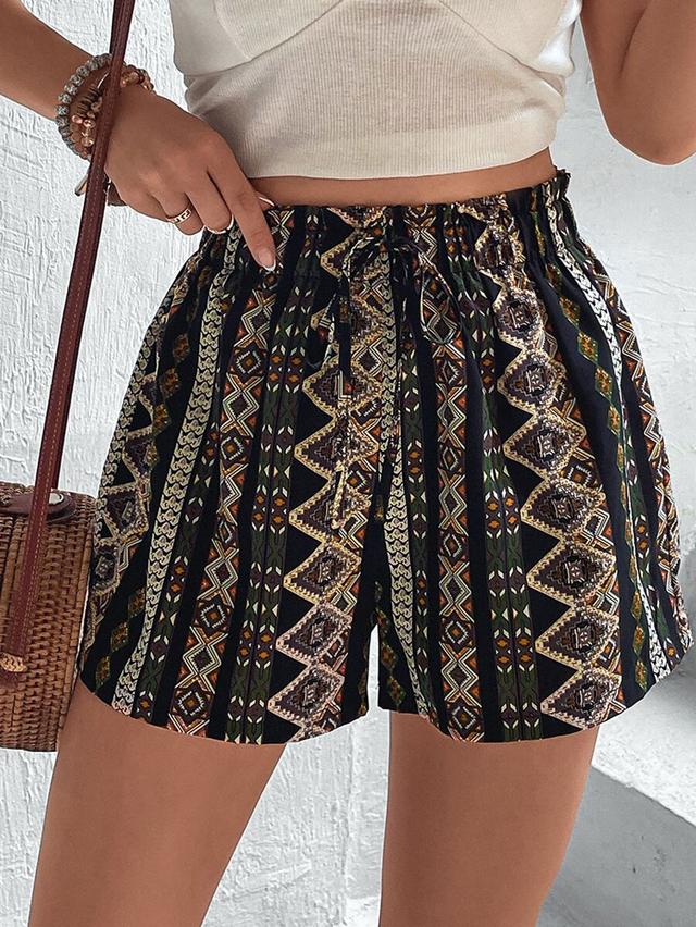 geo print paperbag waist knot front shorts