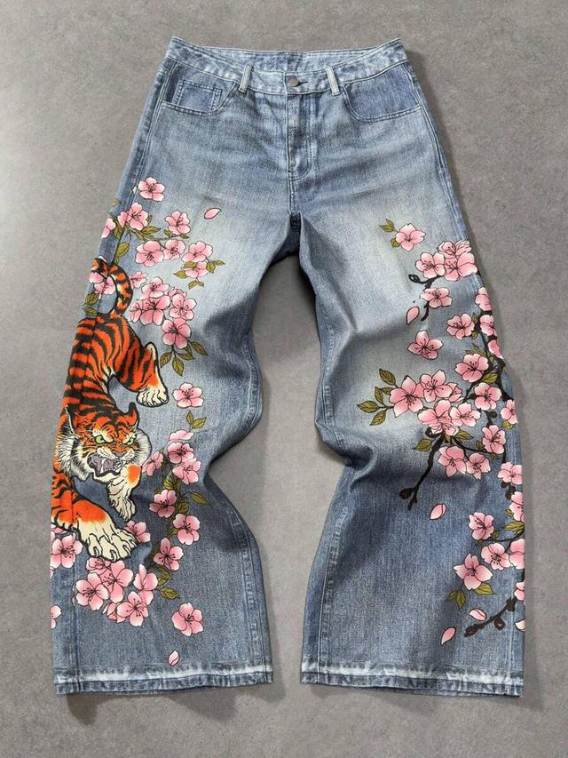 floral and tiger print loose wide leg jeans