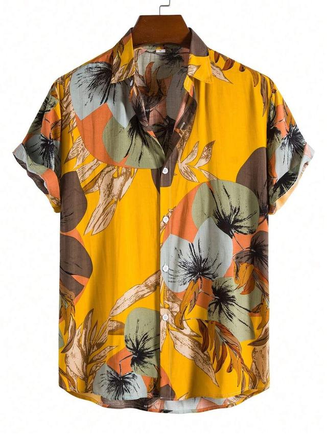 men's yellow tropical print short sleeve casual shirt